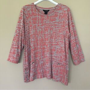 Ali Miles Artsy 3/4 Sleeve Tunic Women L Pockets Stretch Pink Blouse Casual Top